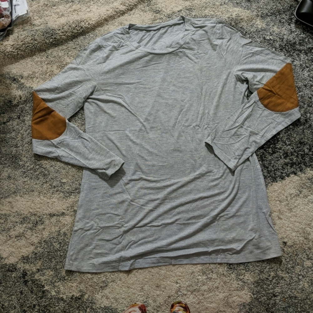 Grey long tunic top with suede elbow patch L - $25
